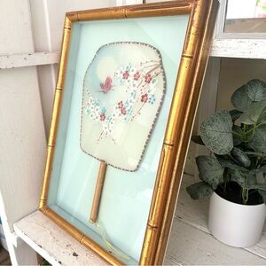 Vintage Silk Chinese Fan Paddle Hand Held Asian Gold Bamboo Style Frame Wall Art